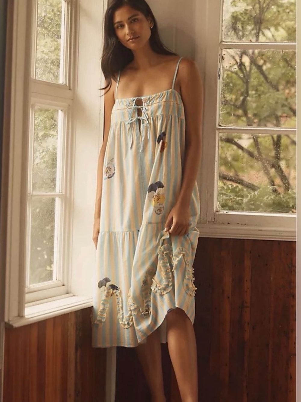 Anthropologie lyrebird nightie sundress Blue and White Striped Floral Maxi XS